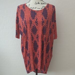 Lularoe XS Irma Orange and Navy Blue Patterned Short Sleeve Top